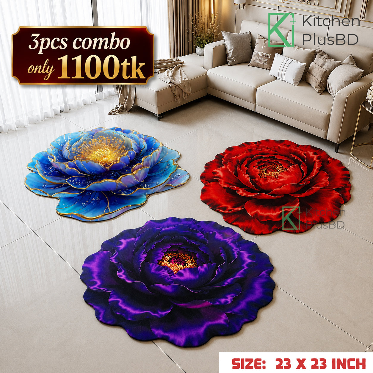 3D Soft Non Slip Floor Mat Combo 3 Pcs Combo