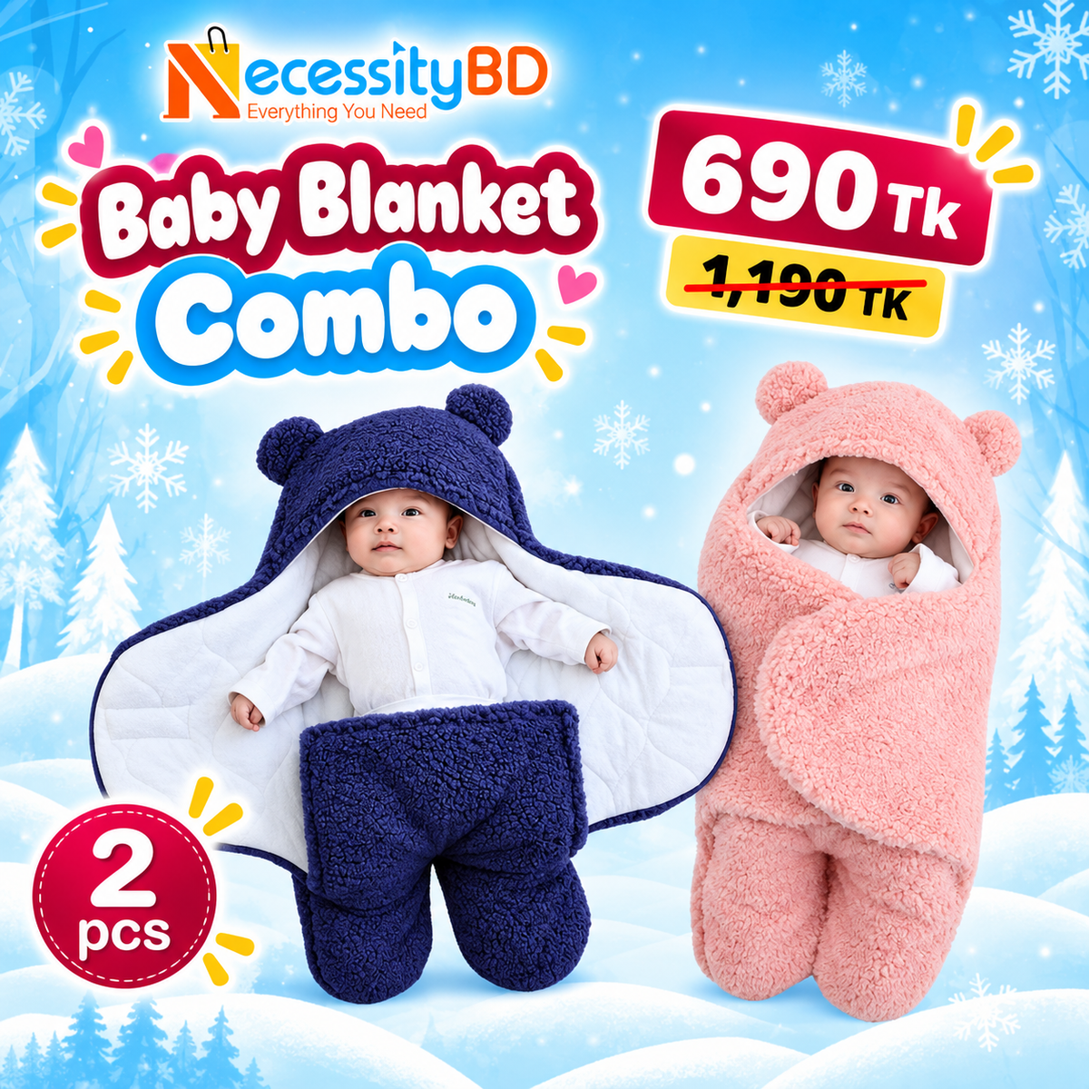 Original Chinese Imported Baby Blanket (২ পিচ ব্লু+পিংক)
