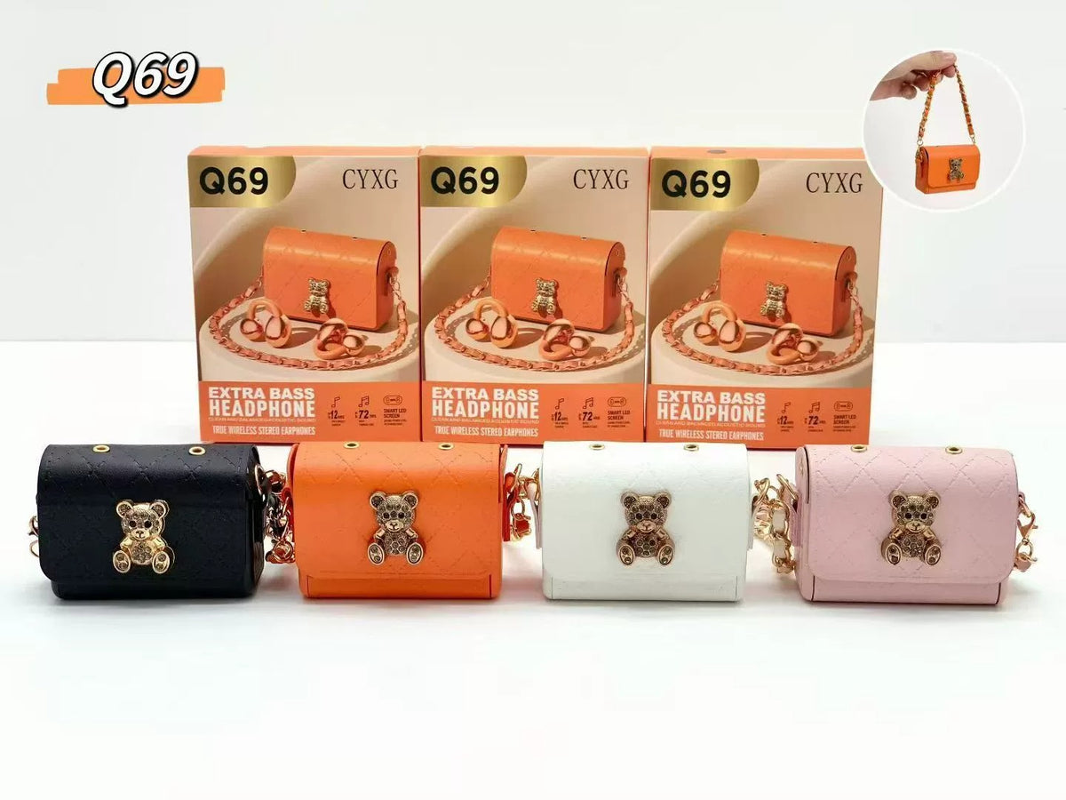 Q69 Creative Ear Clip-on Leather Bag Design Cartoon Bear Bluetooth Earphones