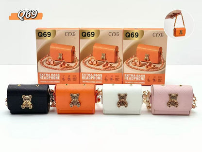 Q69 Creative Ear Clip-on Leather Bag Design Cartoon Bear Bluetooth Earphones