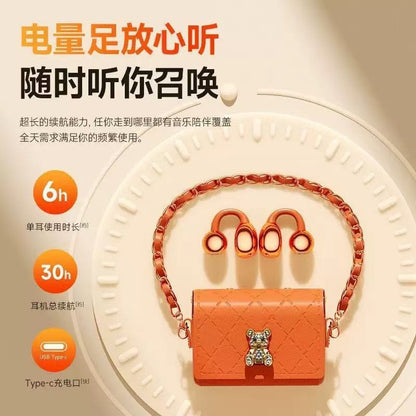 Q69 Creative Ear Clip-on Leather Bag Design Cartoon Bear Bluetooth Earphones